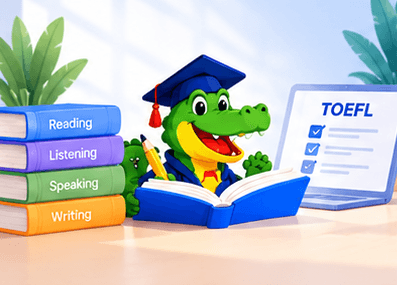 The LafaekTOEFL crocodile reading a book next to Reading, Listening, Speaking and Writing books
