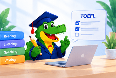 The LafaekTOEFL crocodile waving next to a TOEFL checklist